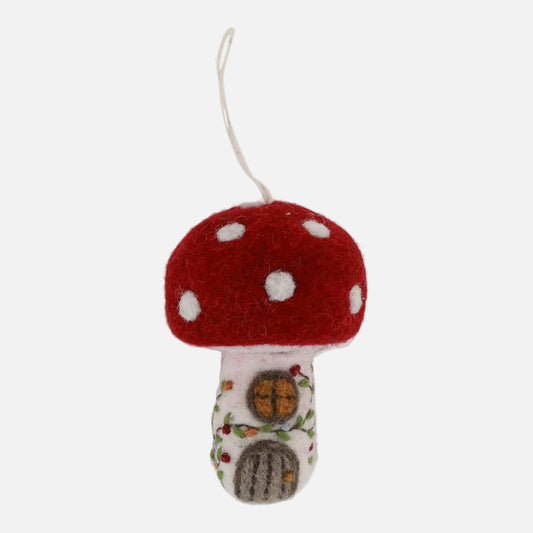 Felted toadstool ornament with a white background from Gry & Sif handmade fair trade