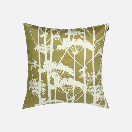 Decorative pillow with white floral pattern on a green background. Designed by Marimekko featuring the putkinotko pattern.