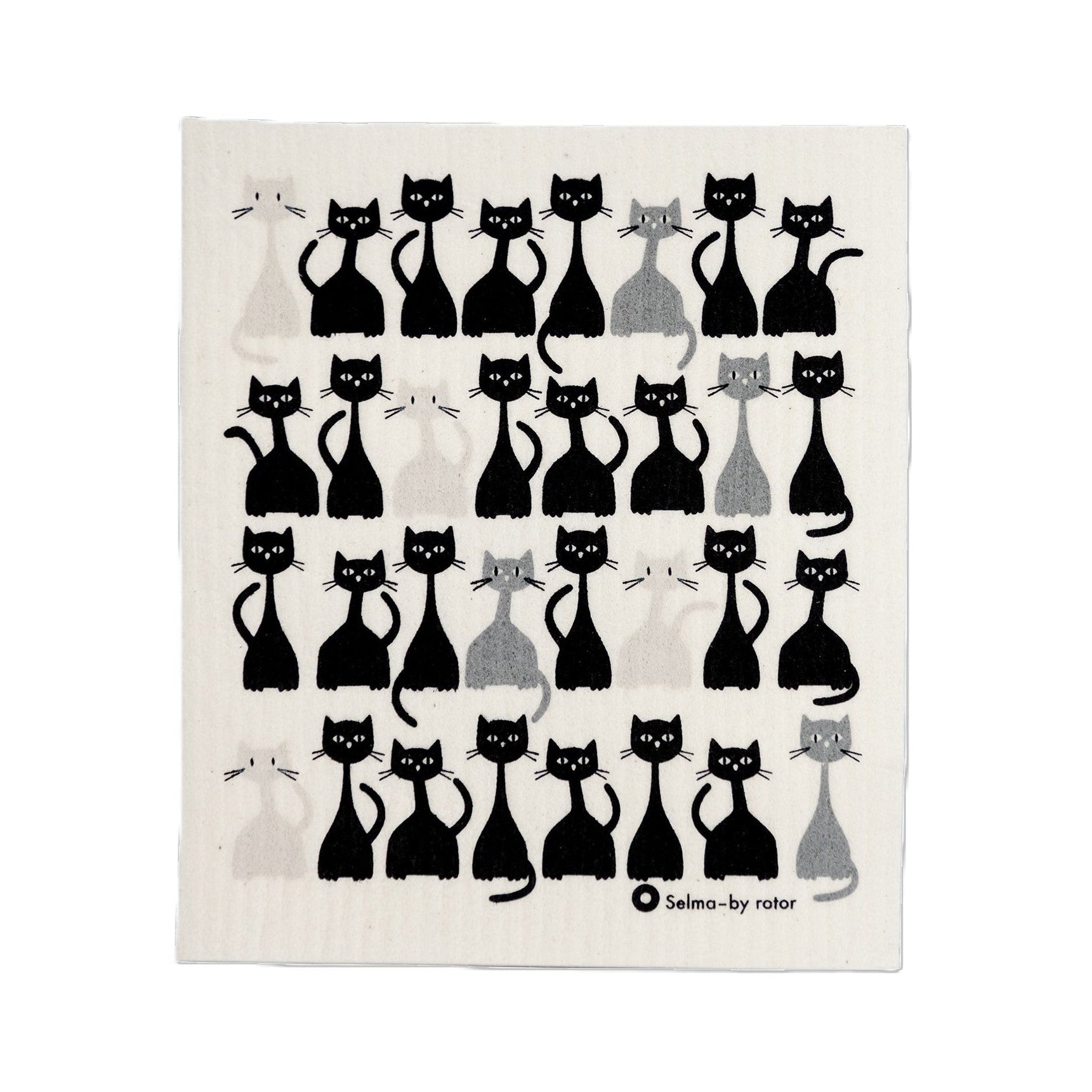 Tea towel with black and gray cat pattern on a white background