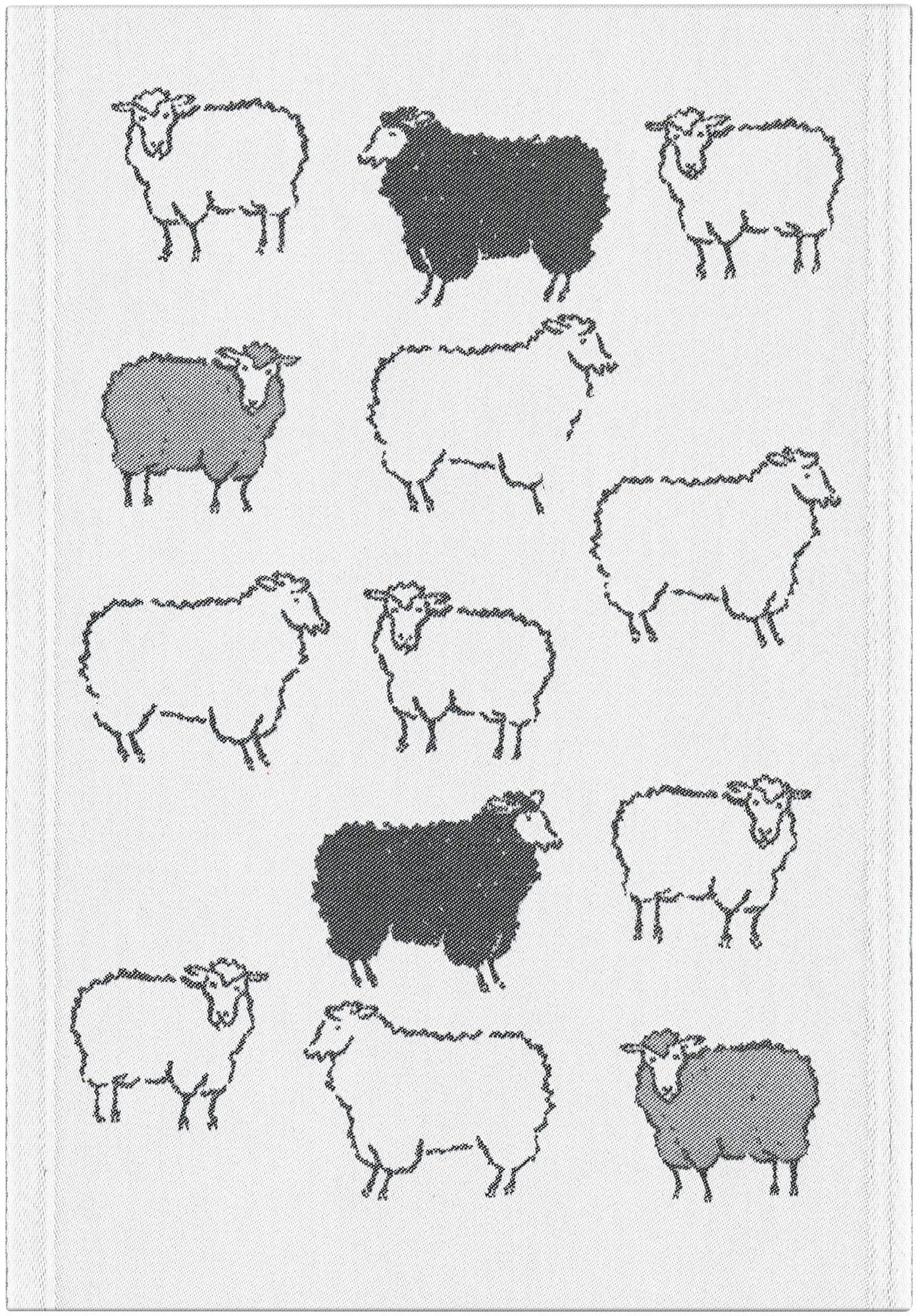Black and white illustration of sheep on a white background towel.