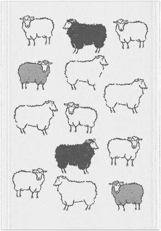 Black and white illustration of sheep on a white background towel.