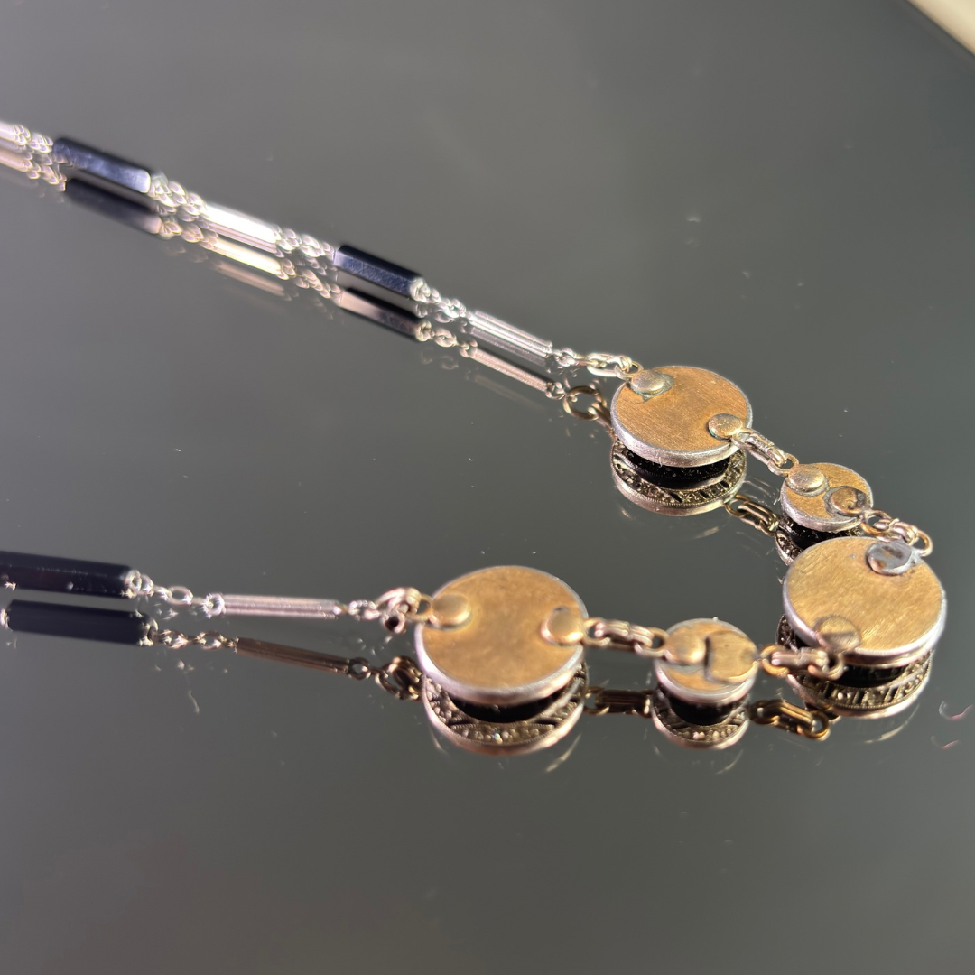 Vintage 1920's 14k White Gold, Onyx & Diamond Necklace