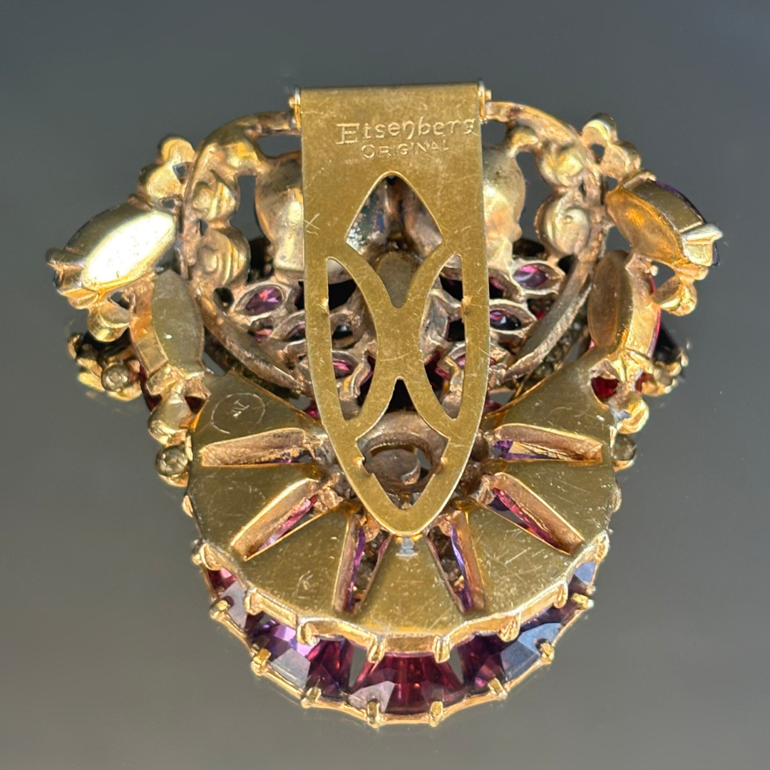 Vintage Eisenberg Originals Amethyst & Rose Colored Rhinestone Brooch/Clip