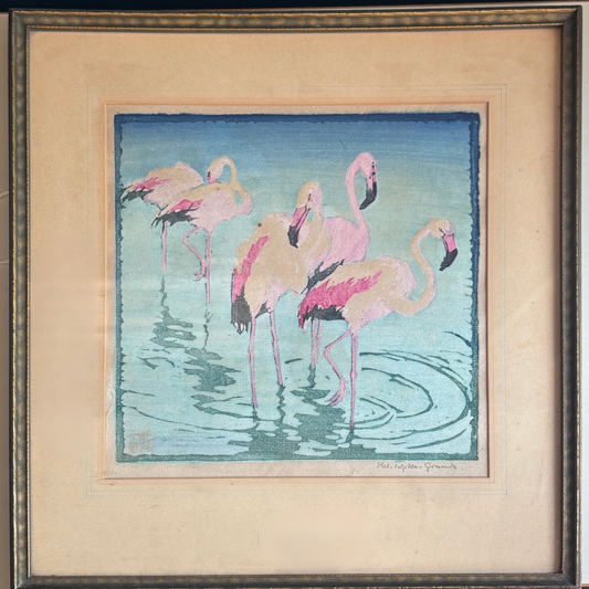 Vintage Helene Tüpke-Grande "Flamingos" Woodblock