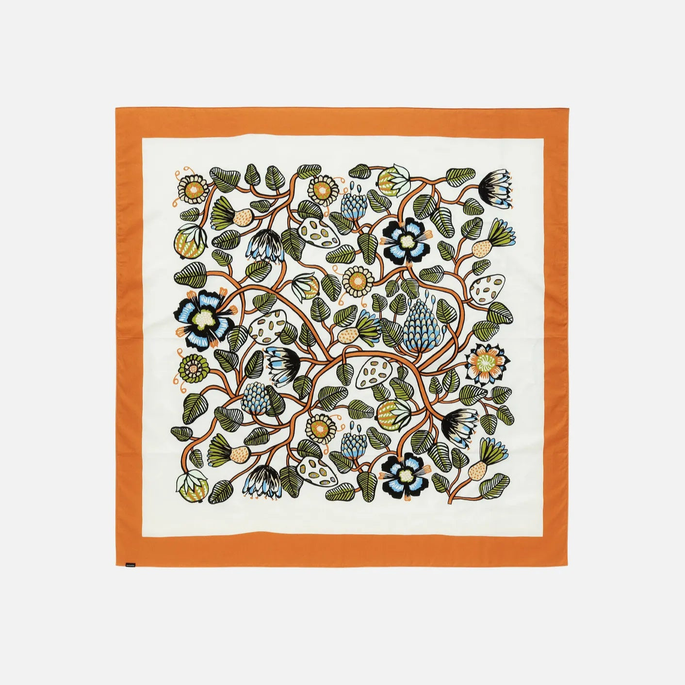 Marimekko square cotton tablecloth with tiara pattern on a white background with orange edge.