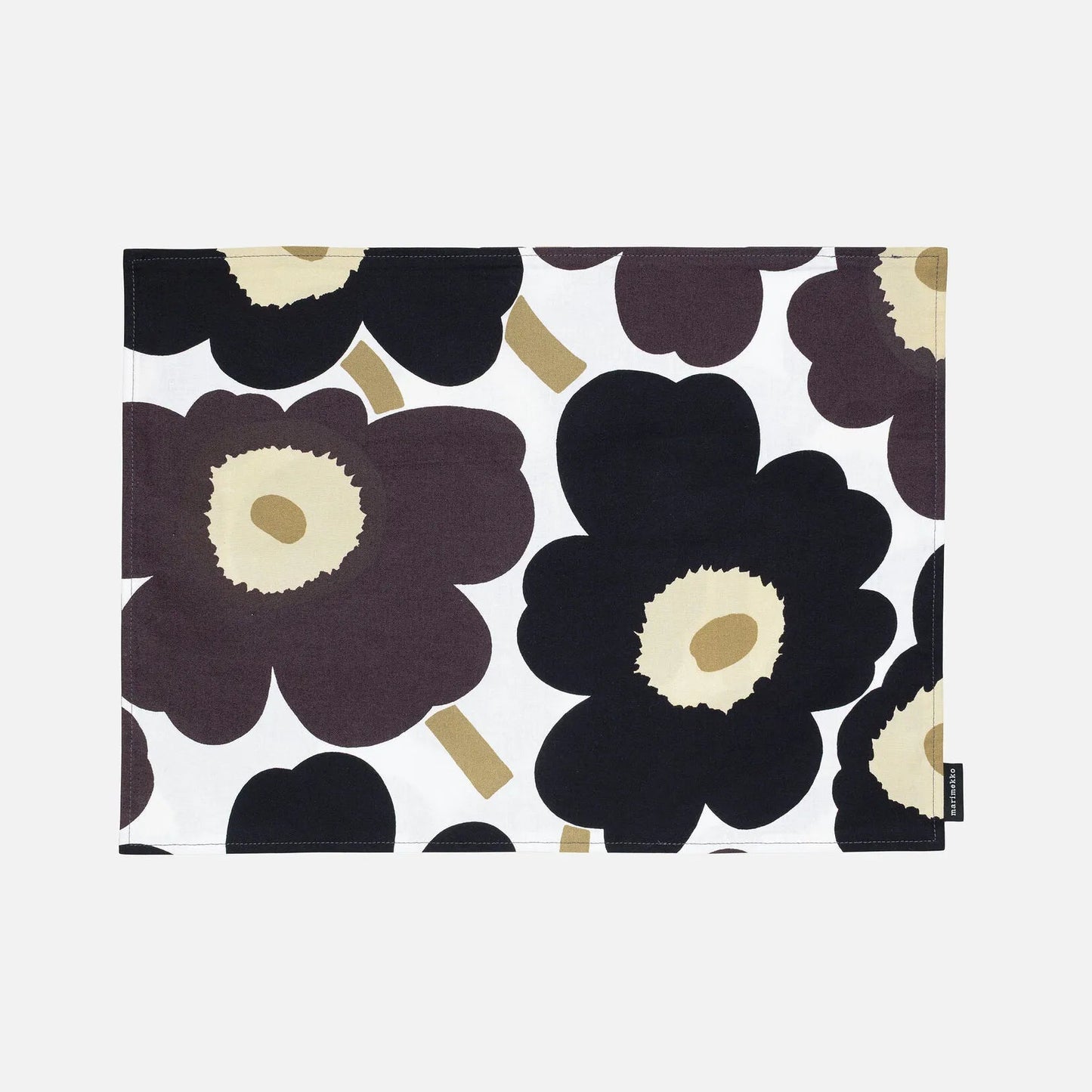 Floral patterned pouch with black, grey, white, and gold colors on a white background