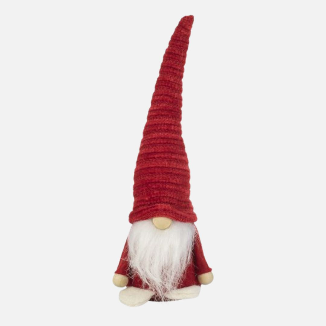 Red Velvet Santa Gnome with White Shoes, Wood Hands