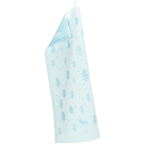 Linen organic cotton towel with light blue pine trees and moose