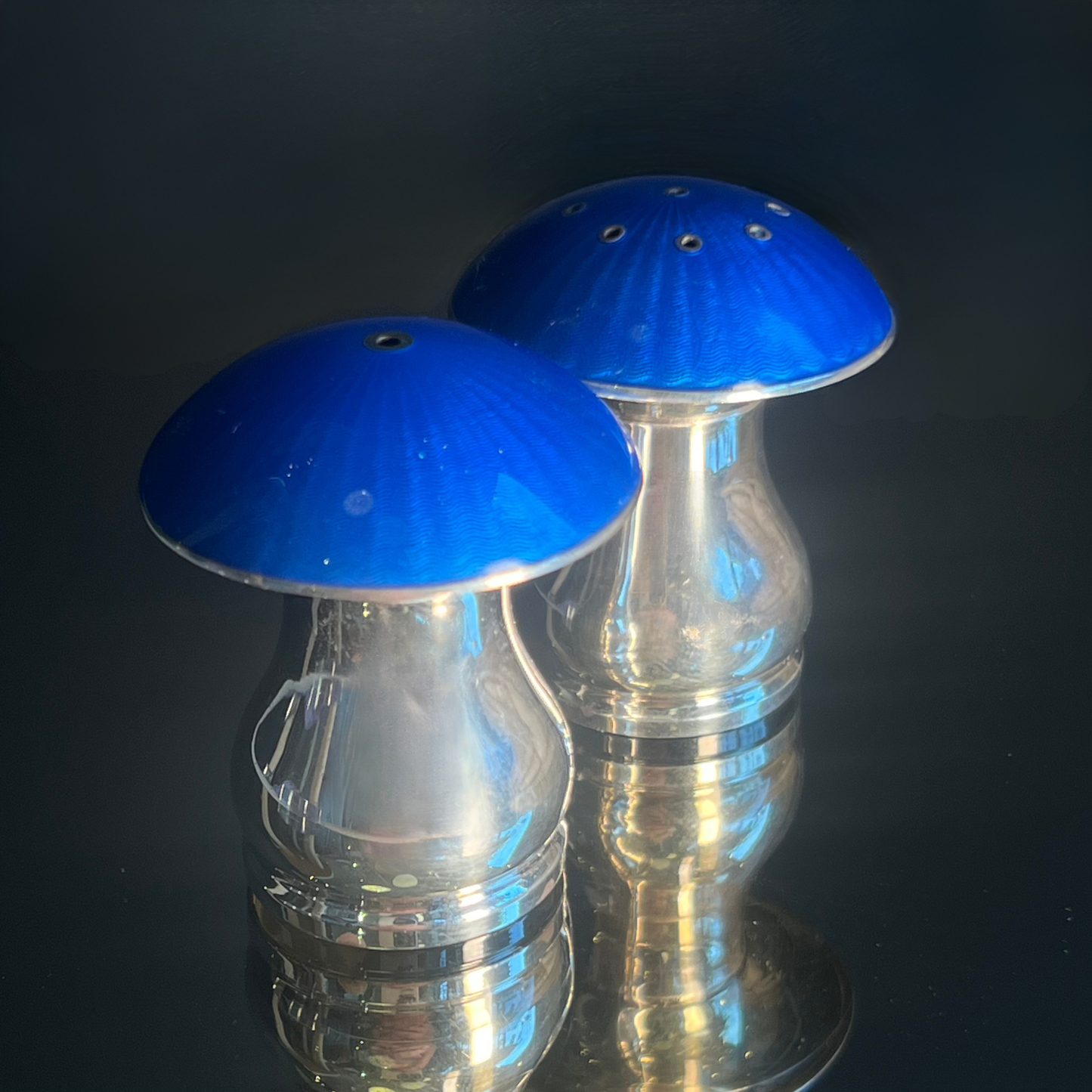 Midcentury Ela Denmark Sterling Silver & Blue Enamel Mushroom Salt & Pepper Set