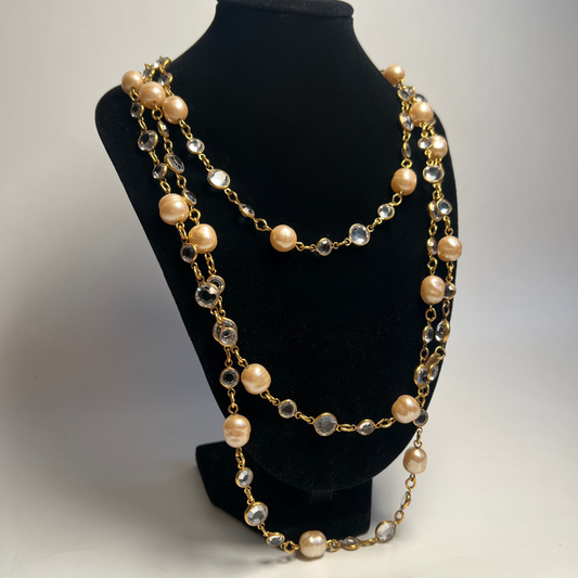 Vintage Chanel 1981 Baroque Pearl & Bezel Crystal Long Necklace