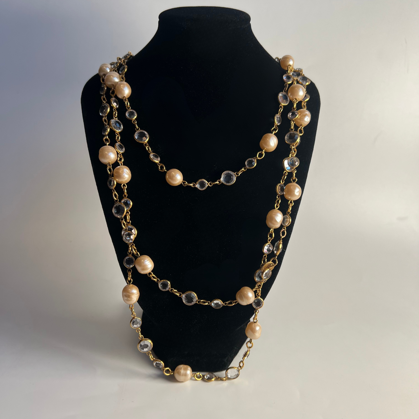 Vintage Chanel 1981 Baroque Pearl & Bezel Crystal Long Necklace
