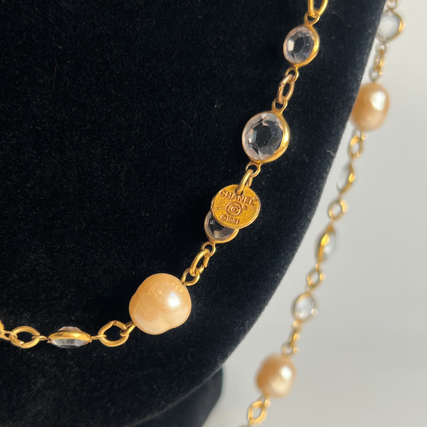 Vintage Chanel 1981 Baroque Pearl & Bezel Crystal Long Necklace