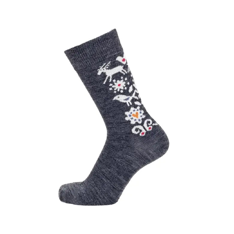 Gray sock with floral and animal design on a white background