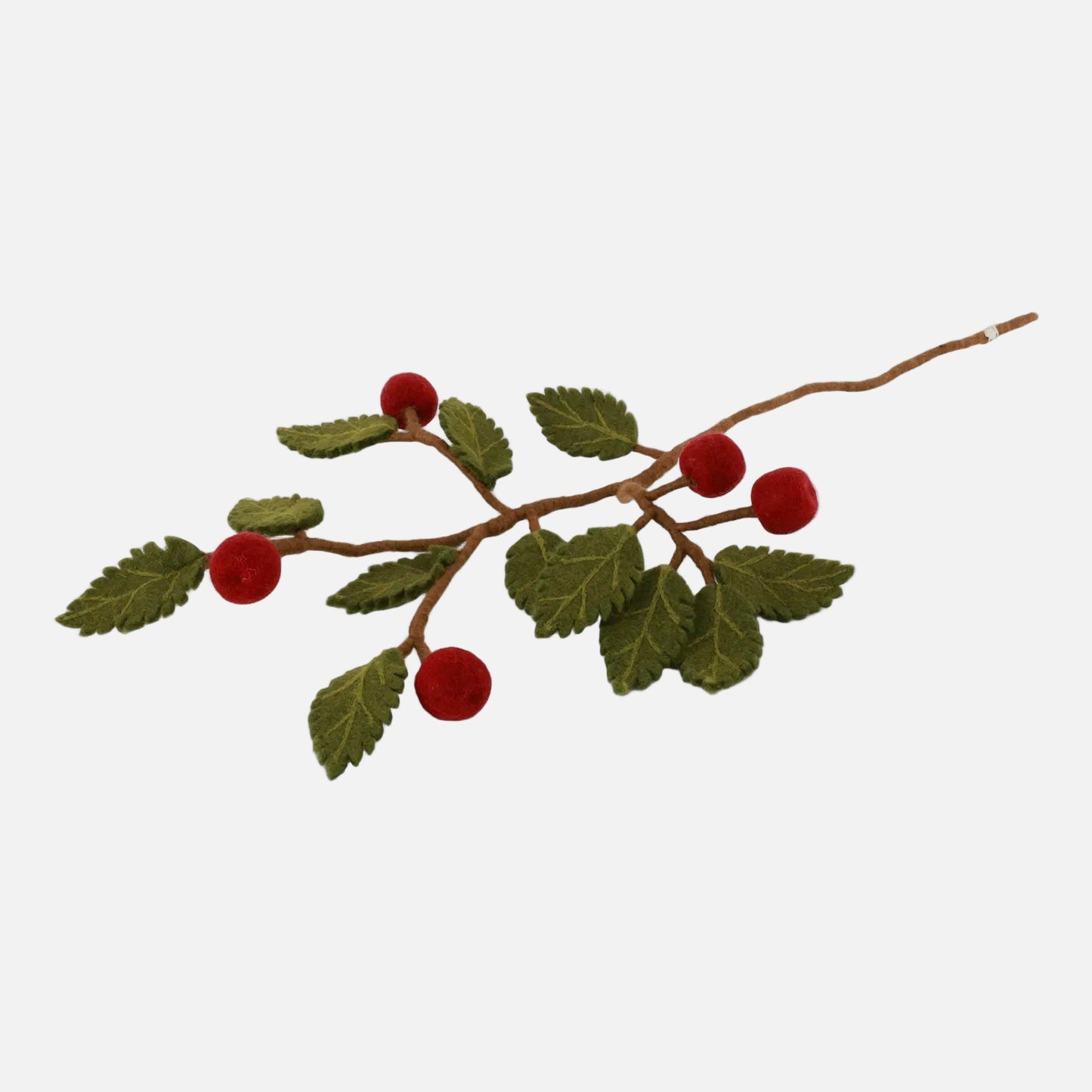 Artificial berry branch with red berries and green leaves on a white background by Gry and Sif, handmade, fair trade