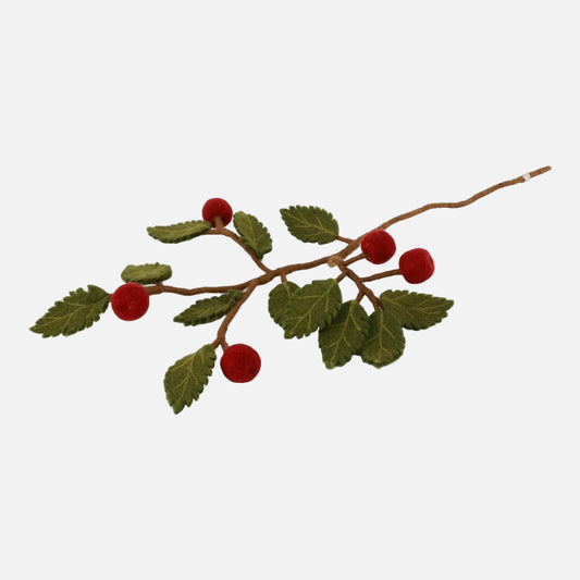 Artificial berry branch with red berries and green leaves on a white background by Gry and Sif, handmade, fair trade