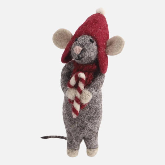 Gry & Sif Felt Grey Mouse w/Candy Cane Ornament