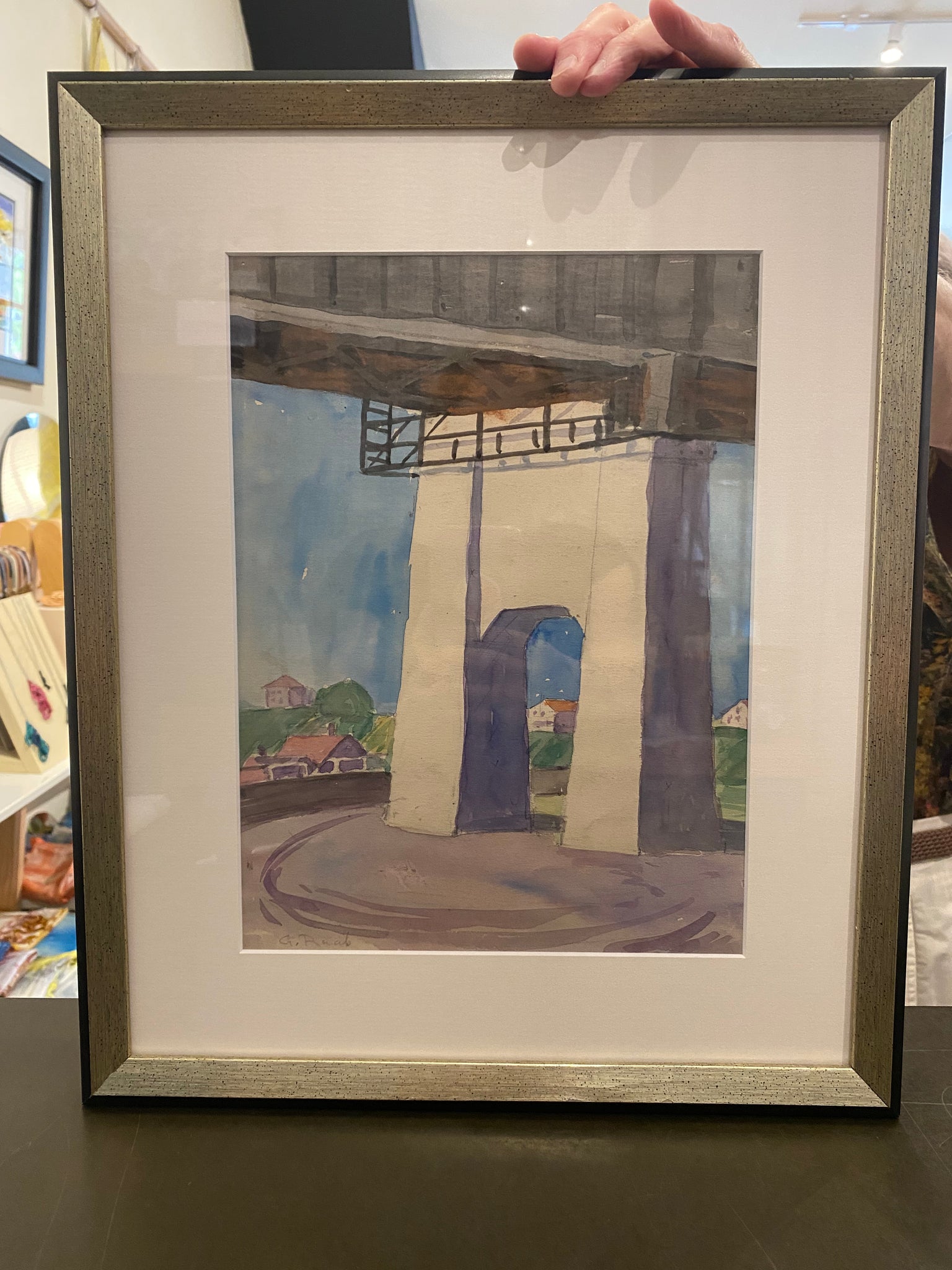 Vintage George Raab Bridge Painting, Framed