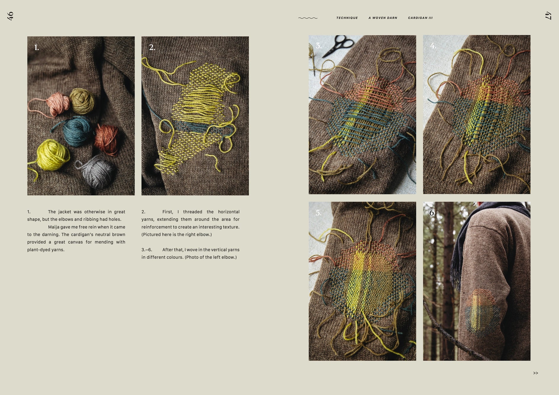 Step-by-step tutorial on embroidery on a brown fabric with yarn and scissors. From The Art of Knitwear Repair Book