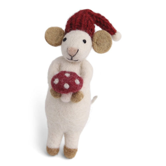 Én Gry & Sif Felt White Mouse with Mushroom Ornament