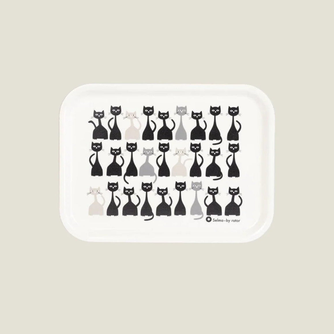 Rectangular white plate with black and gray cat illustrations on a beige background