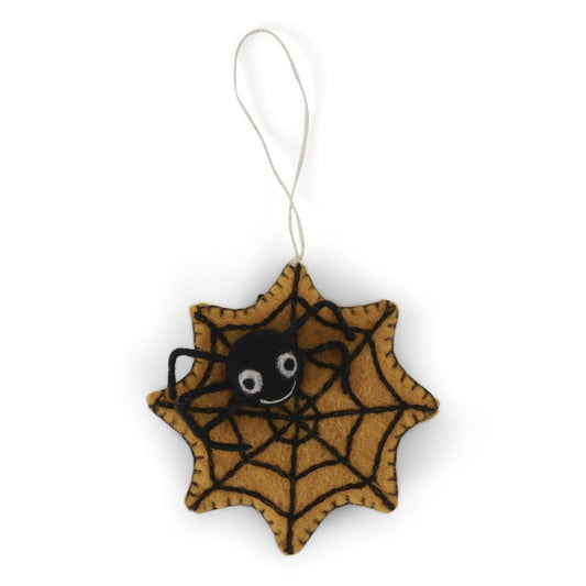 Decorative ornament with a felt spider and yellow and black web 