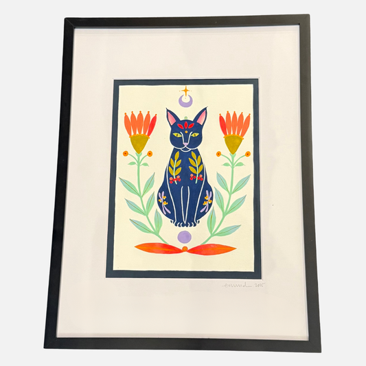 Framed artwork of a colorful cat surrounded by flowers on a white background