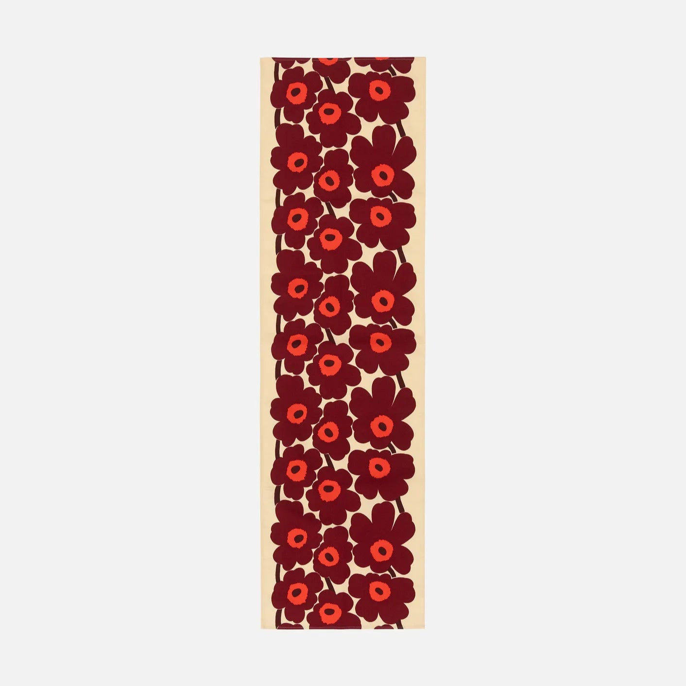 Marimekko Table Runner in vanilla, wine red and bright red Unikko pattern.