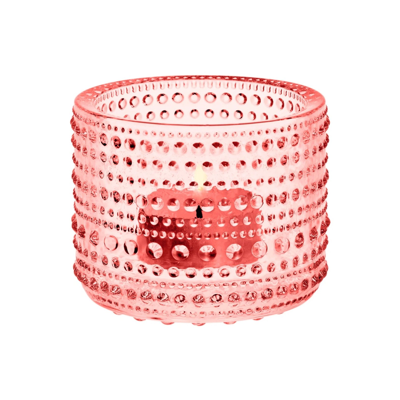 Salmon pink dotted glass tealight candleholder.