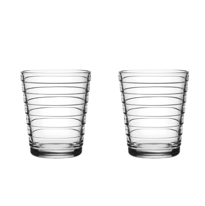 Clear striped glass tumblers.