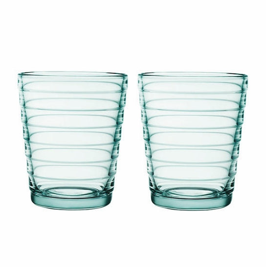 Green striped glass tumblers.