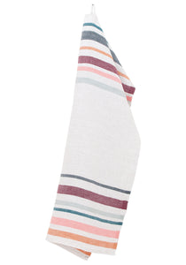 Striped towel in hues of grey, red, and orange.