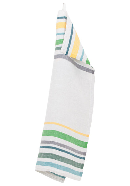 Striped towel in hues of yellow, green, and blue.