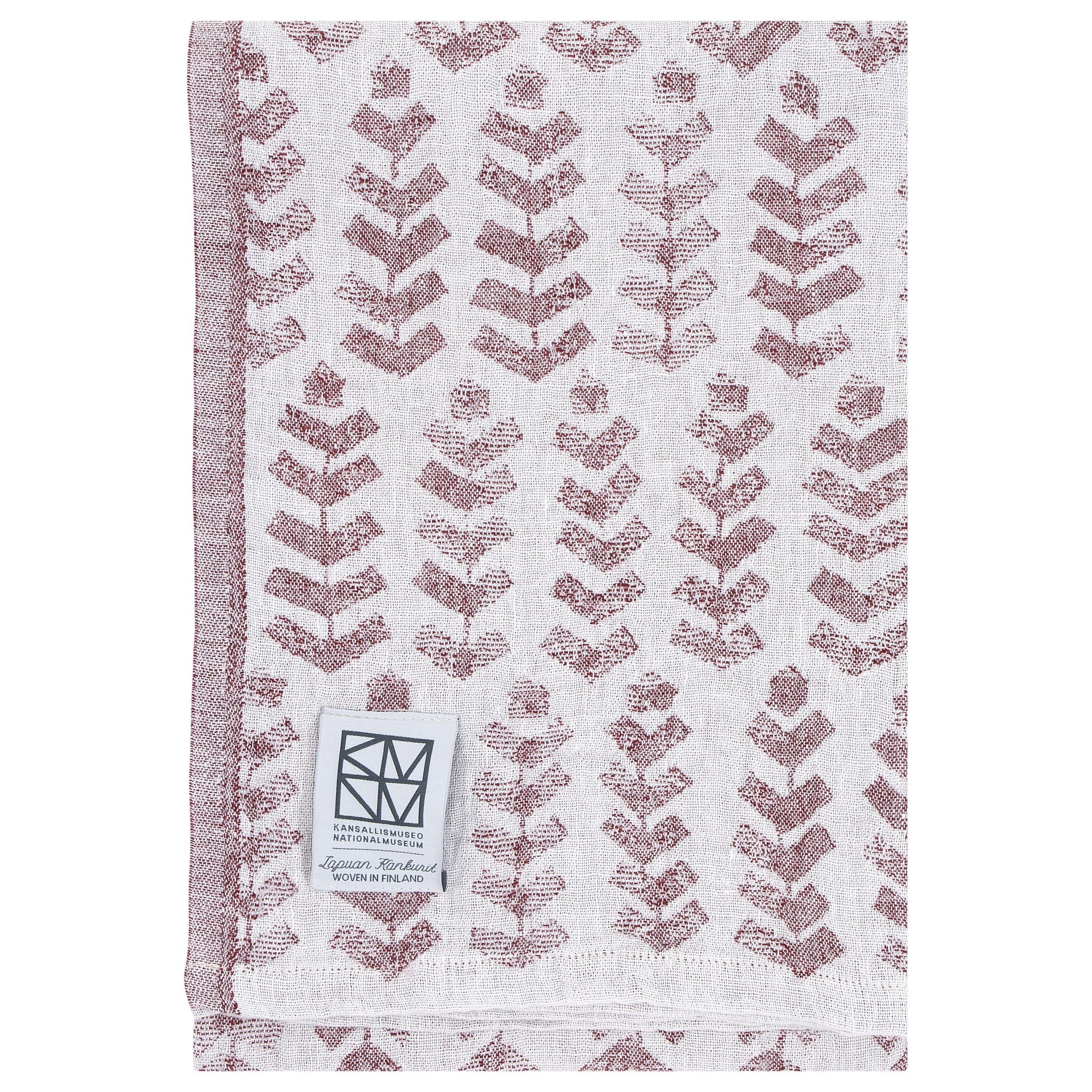 White and bordeaux towel with geometric pattern. 
