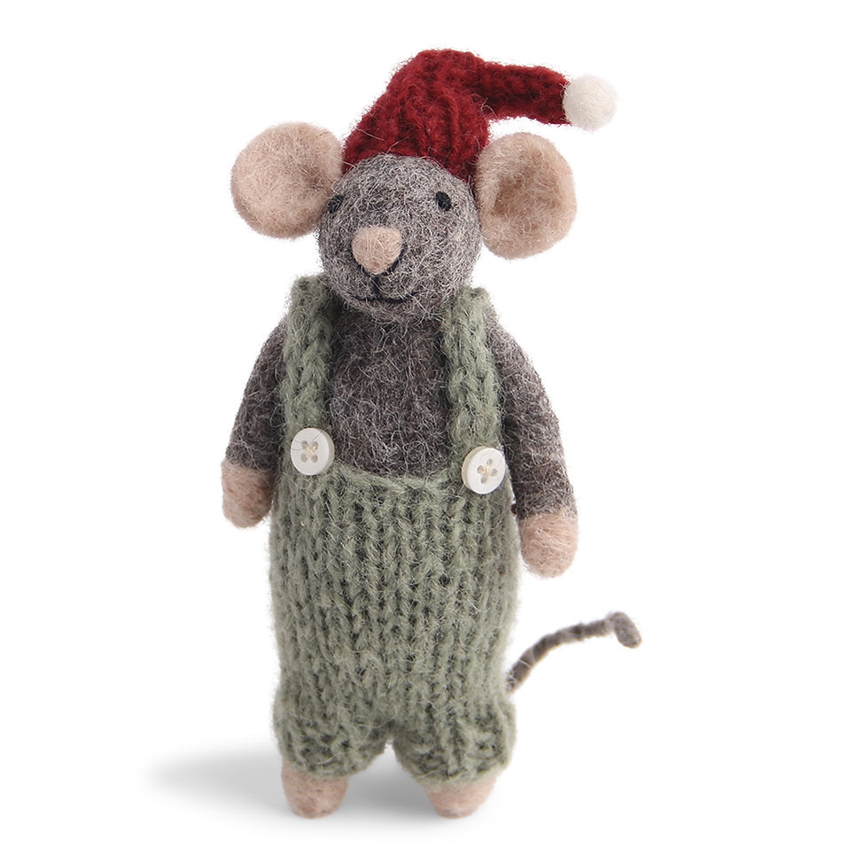 En Gry et Sif Felt Mouse in Knitted Overalls, Red Hat