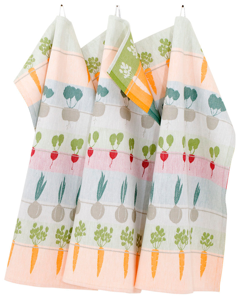 Towel with multicolored vegetable pattern.